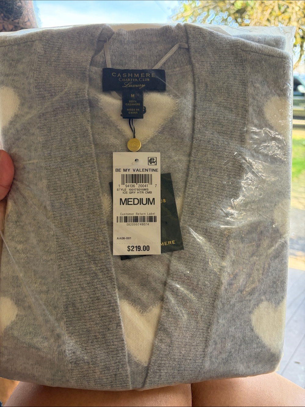 Charter Club Light Gray Cashmere Heart Pattern V-Neck Cardigan